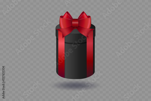 Black gift box with red ribbon and bow. On a transparent background.