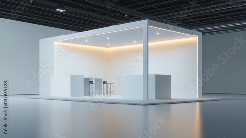 Modern minimalist trade show booth with LED lighting.