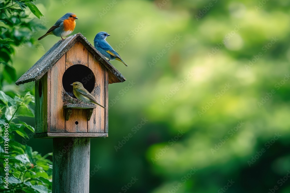 Three birds near wooden birdhouse, green background. Three birds near wooden birdhouse, green background.