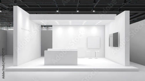 Minimalist white trade show booth with blank signage, counter, and screens.