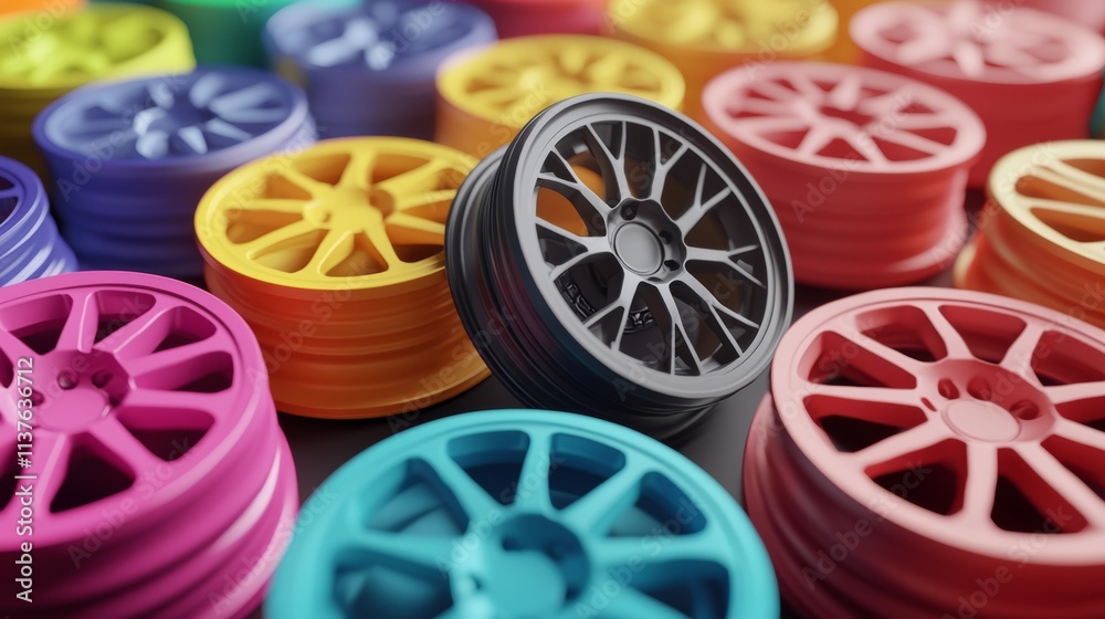 Fototapeta premium Colorful miniature wheels arranged in a vibrant pattern on a flat surface for display or collection purposes