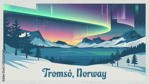Magical Tromsø Poster: Northern Lights Over Snowy Norwegian Landscape in Retro Scandinavian Style v3