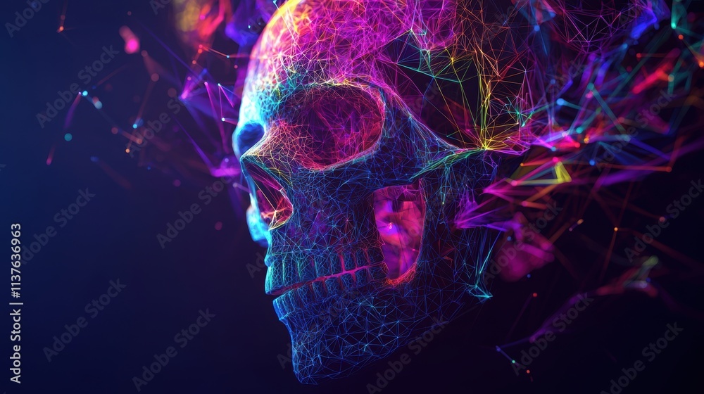 A skull with holographic abstract 3D shapes cascading from its eye sockets, creating a flow of vibrant colors and geometric patterns, set against a dark, moody background A skull with holographic abstract 3D shapes cascading from its eye sockets, creating a flow of vibrant colors and geometric patterns, set against a dark, moody background