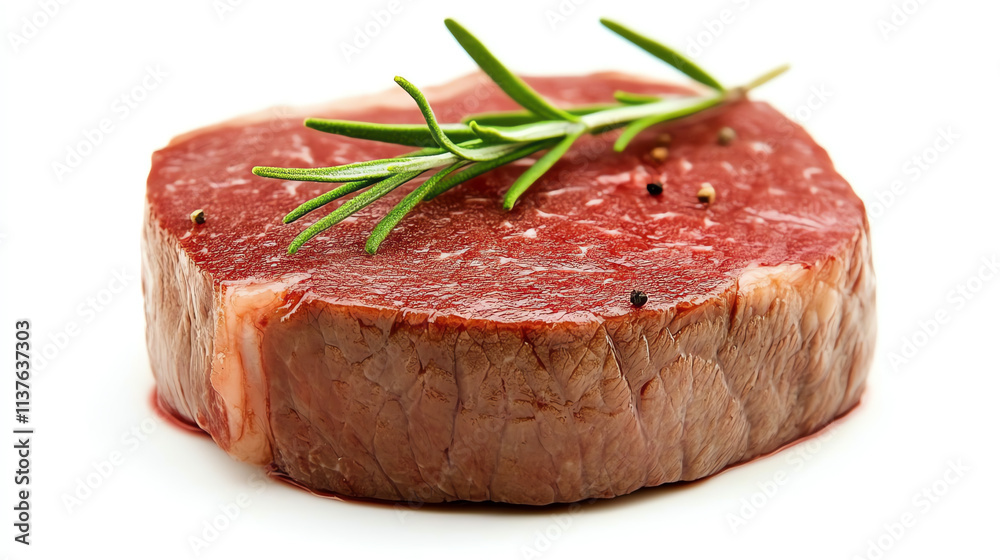 Raw beef tenderloin with rosemary on white Raw beef tenderloin with rosemary on white