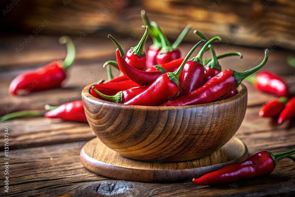 Red Hot Chili Peppers in Wooden Bowl: Miniature Tilt-Shift Photography Red Hot Chili Peppers in Wooden Bowl: Miniature Tilt-Shift Photography