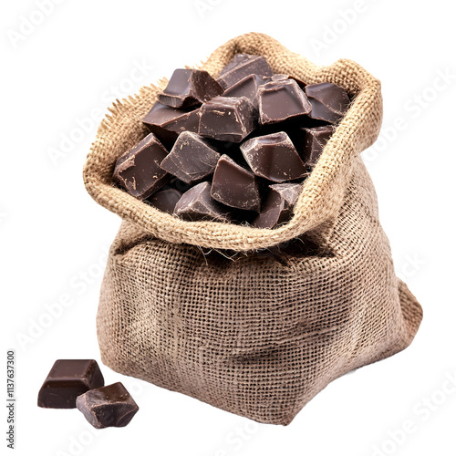 Burlap Sack Filled with Dark Chocolate Pieces photo