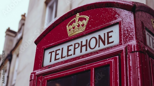 Classic red telephone booth stands out on a city street amidst historic architecture and winter weather