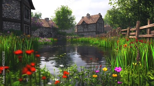 A small village pond surrounded by tall grasses, vibrant flowers, and old stone houses with wooden fences