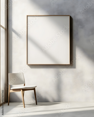 a blank portrait picture frame measuring 120 x 85 hanging on a wall, with a cement floor and soft light coming in from a window in an urban arabian city photo