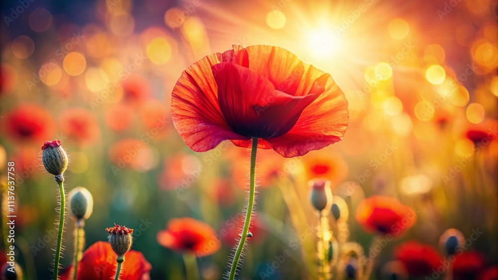 Fototapeta premium Red Poppy Field Bokeh Photography: Stunning Images of Blooming Poppies with Soft Focus Background