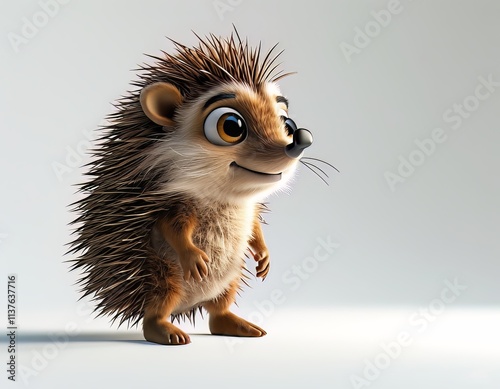 3D clipart full-body hedgehog with soft spines, big eyes, on white background.