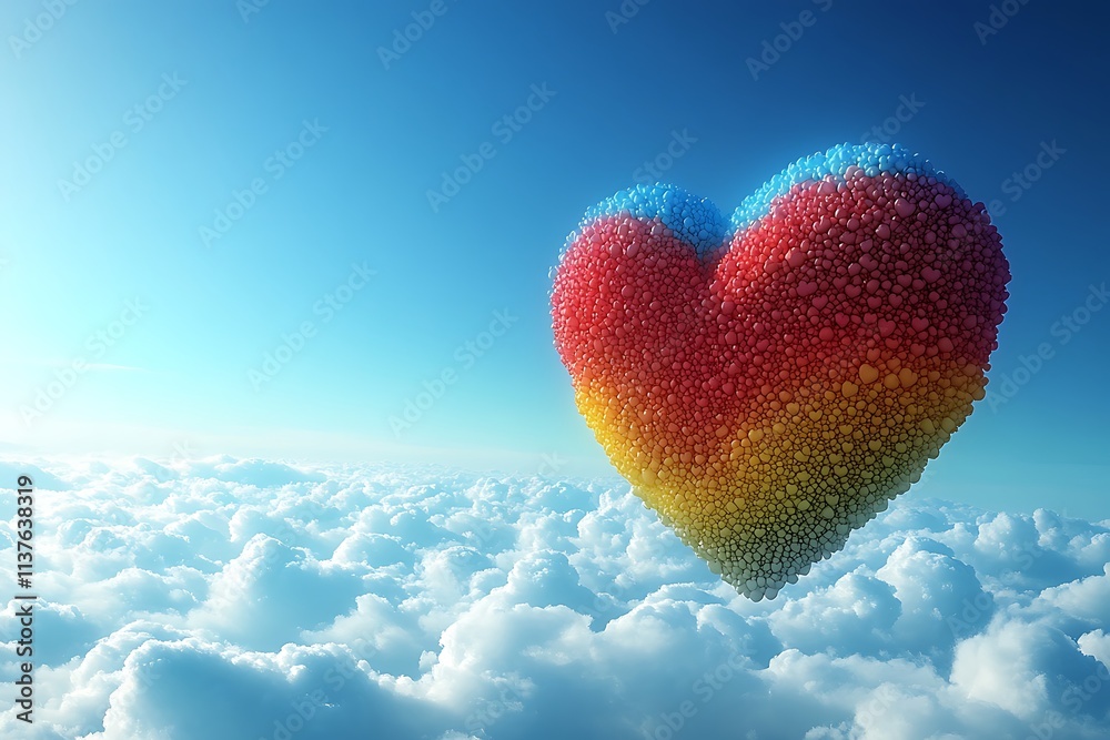 Fototapeta premium A playful Valentine card-style cartoon of a heart-shaped hot air balloon soaring through a sky filled with smaller hearts and fluffy clouds. The balloon is brightly colored with intricate patterns, 