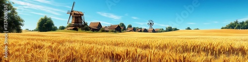 A small village surrounded by golden wheat fields, with a clear blue sky and a rustic wooden windmill in the distance