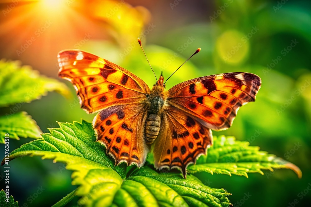 Question Mark Butterfly Closeup on Green Leaf - Sunny Field Question Mark Butterfly Closeup on Green Leaf - Sunny Field