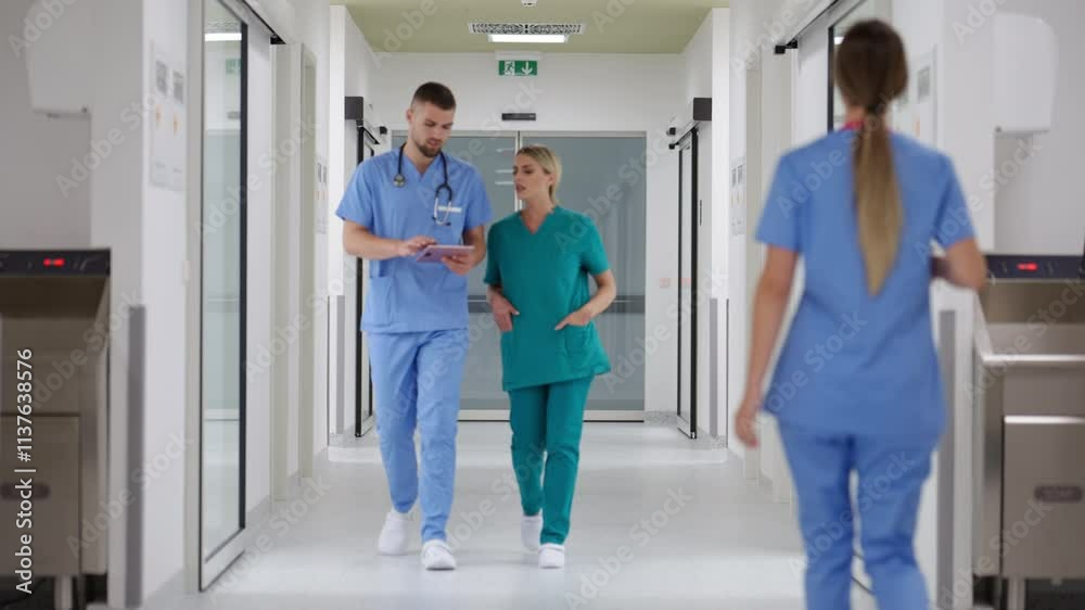 Medical professionals walking through a hospital corridor, discussing patient care and reviewing notes on a digital tablet. Concept of teamwork and collaboration in healthcare settings