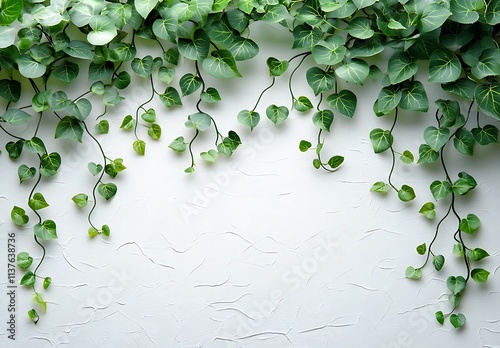 Lush Green Vines Draped Against White Textured Wall