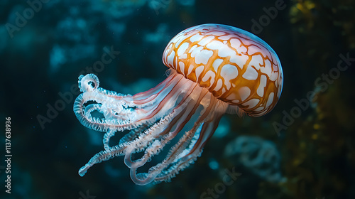 A colorful jellyfish, orange and white, with long, translucent tentacles, in dark water. photo