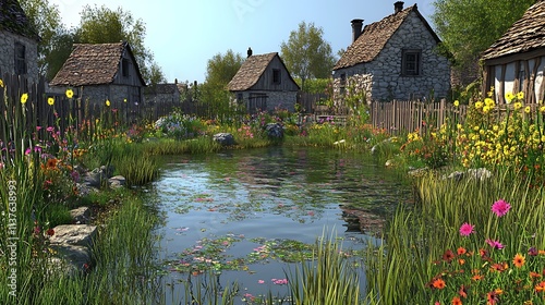 A small village pond surrounded by tall grasses, vibrant flowers, and old stone houses with wooden fences