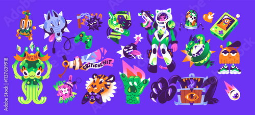 Neon fantasy sticker pack. Set of funny cosmos characters, monsters. Spaceman in spacesuit, aliens, gamepad, different space emoji signs. Neo retro game symbols. Flat isolated vector illustrations