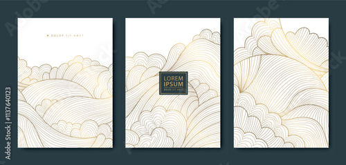 Vector set of gold on white sea line waves, japanese style graphic posters. Asian water, ocean ornaments, drawn flow scenery