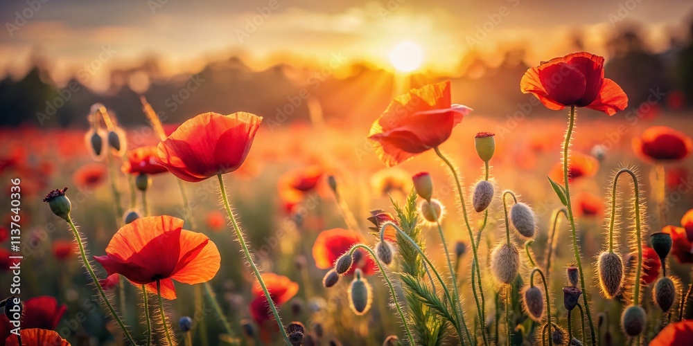 Fototapeta premium Retro Summer Poppy Field Long Exposure Photography, Peaceful Nature Background, Vintage Floral Wallpaper