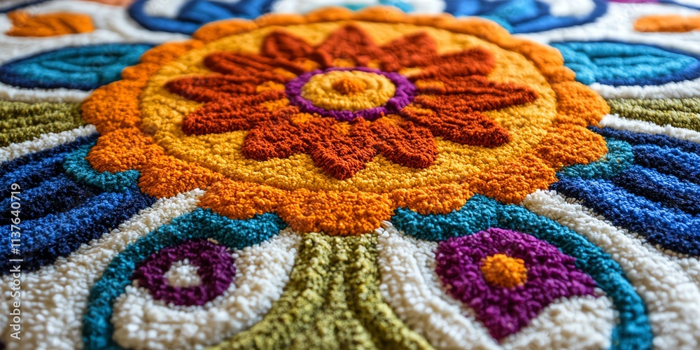 Close-up of colorful, textured, crocheted fabric with an orange flower design. Close-up of colorful, textured, crocheted fabric with an orange flower design.
