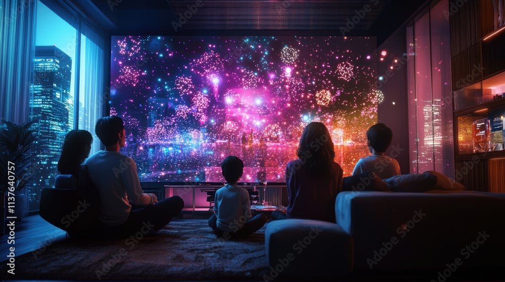 A futuristic living room setting where a family is watching a holographic New Year’s countdown show. The room is decorated with smart decor that changes colors in sync with the countdown,