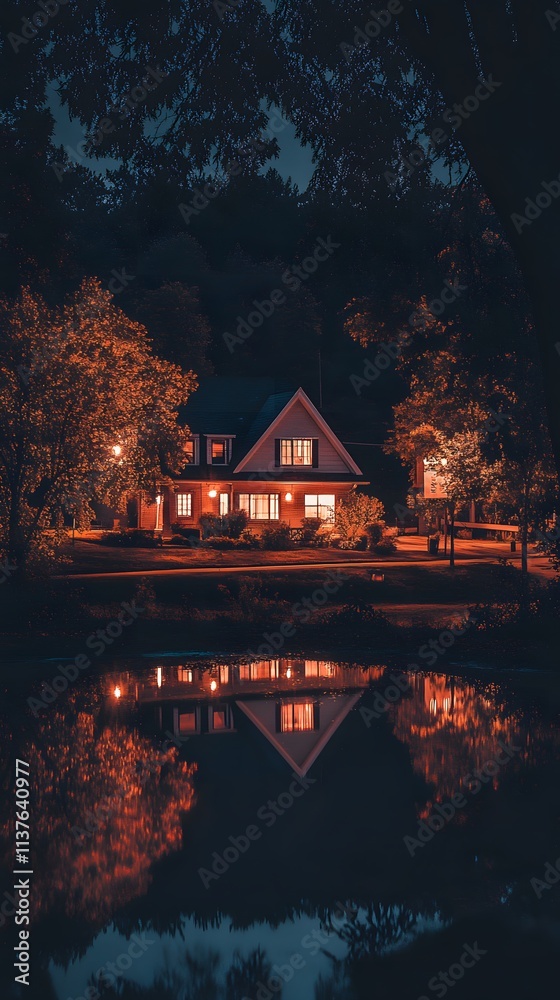 6. A peaceful night scene of a house illuminated by security lights, emphasizing safety 6. A peaceful night scene of a house illuminated by security lights, emphasizing safety