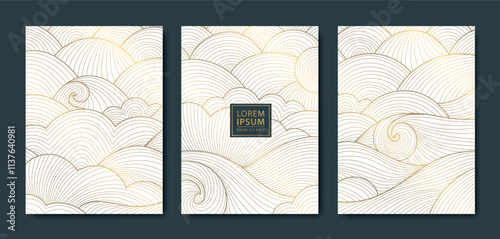 Vector set of gold on white sea line waves, japanese style graphic posters. Asian water, ocean ornaments, drawn flow scenery