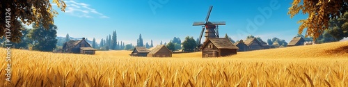 A small village surrounded by golden wheat fields, with a clear blue sky and a rustic wooden windmill in the distance