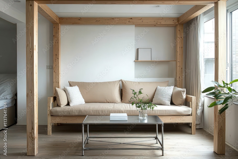 Fototapeta premium Scandinavian design with wooden frame, beige sofa, and sleek metal coffee table.