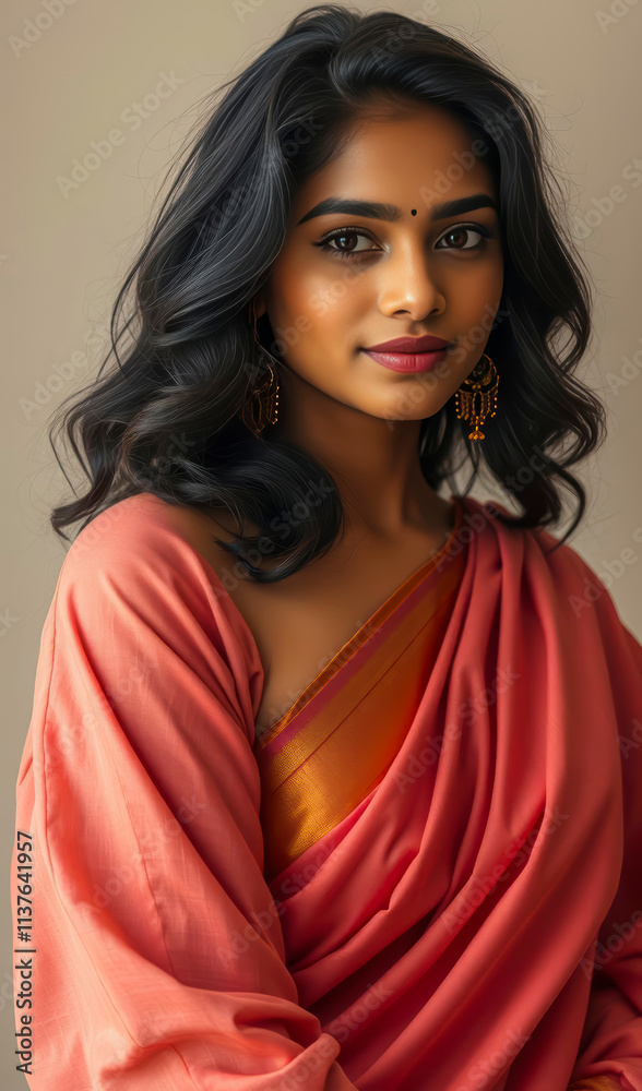 Lovely Indian woman in a dazzling saree, accessorized with stunning jewelry, radiating beauty, charm, and cultural pride with a graceful and confident pose. Lovely Indian woman in a dazzling saree, accessorized with stunning jewelry, radiating beauty, charm, and cultural pride with a graceful and confident pose.