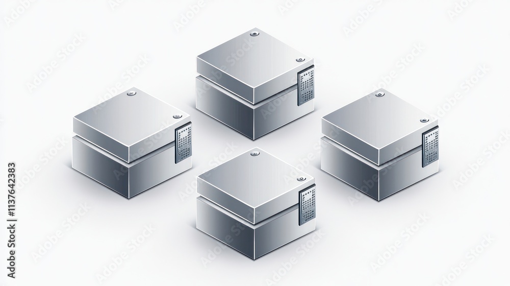 Silver packaging boxes with hanging templates, displayed in a sharp isometric perspective. Silver packaging boxes with hanging templates, displayed in a sharp isometric perspective.