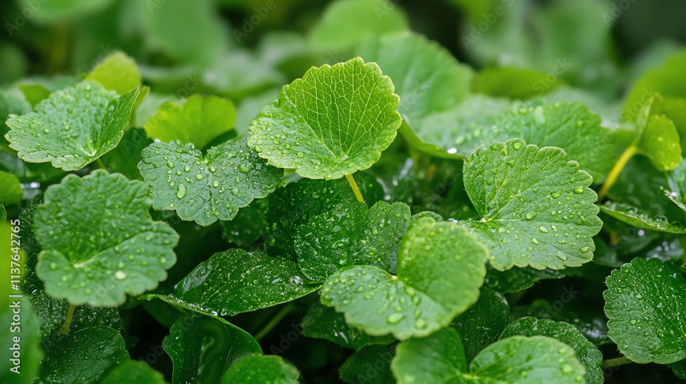 Closeup of fresh green leaves with water drops.