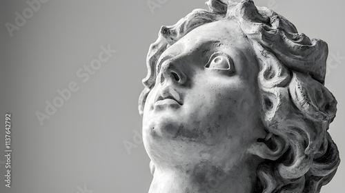 A light gray, sculpted bust of a woman's head, looking upward. photo