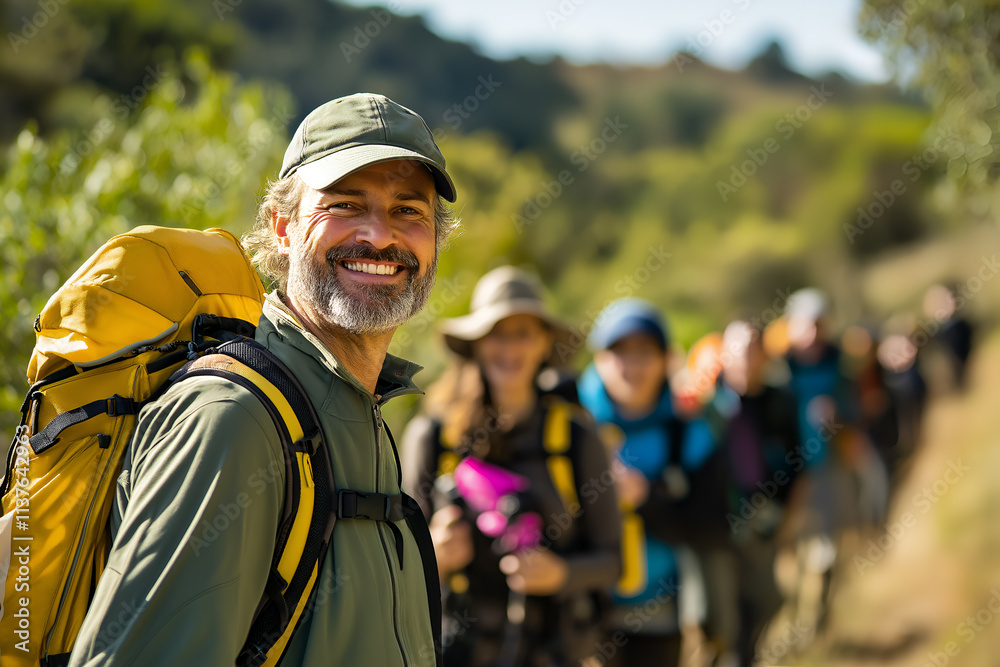 Friendly trail guide smiling, leading a group of tourists on a hike, looking at camera, Close-up outdoors portrait Friendly trail guide smiling, leading a group of tourists on a hike, looking at camera, Close-up outdoors portrait