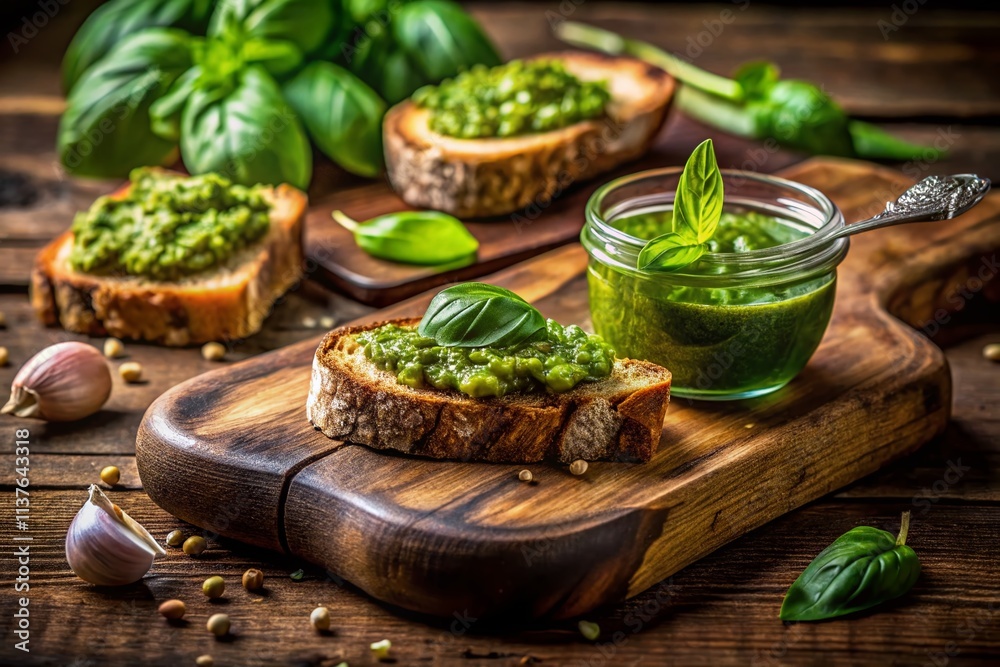 Rustic Basil Pesto on Bauernbrot - Night Photography, Delicious Homemade Recipe,  German Bread,  Italian Pesto, Dark Food Photography