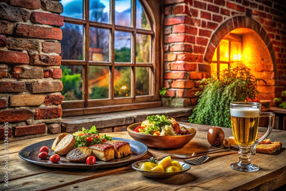 Rustic Brick Wall Food Photography: German Style, Old Brick Building, Window, Culinary Scene, Food Photo, Vintage Background, Delicious Meal Rustic Brick Wall Food Photography: German Style, Old Brick Building, Window, Culinary Scene, Food Photo, Vintage Background, Delicious Meal
