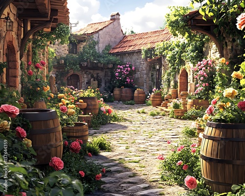 A traditional village courtyard filled with blooming roses, wooden barrels, and lush greenery on a sunny afternoon