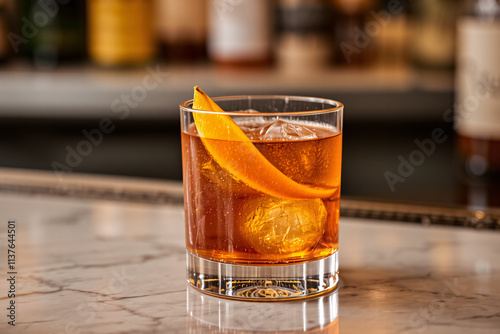 Classic Whiskey Old Fashioned cocktail featuring whiskey, sugar, bitters, and a garnish of orange twist, perfect for showcasing timeless drink elegance