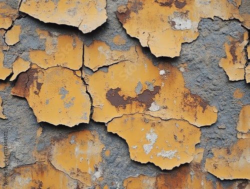 Close-up of peeling yellow paint on a rusty metal surface.