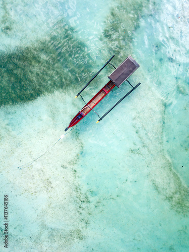 Indonesia, Sumbawa, West Sumbawa, Aerial view of banca boat photo