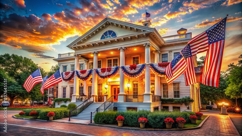 Obraz premium July Fourth Poster Architectural Photography: Patriotic Building Designs, Independence Day Celebration, American Flag, Festive Architecture