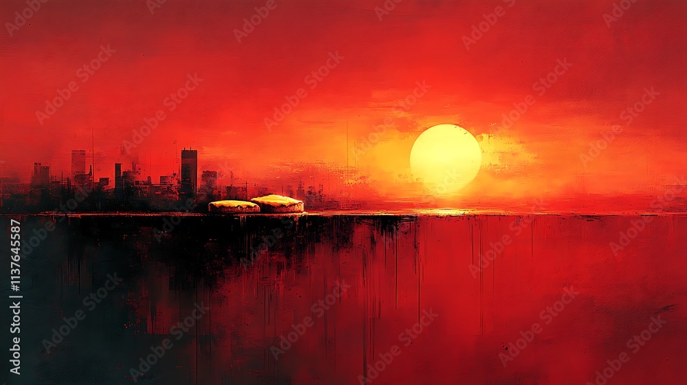Fototapeta premium Crimson Sunset Cityscape With Two Objects Atop A Wall