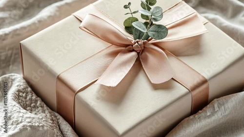 Delicate beige gift box with a satin bow, featuring a small picture