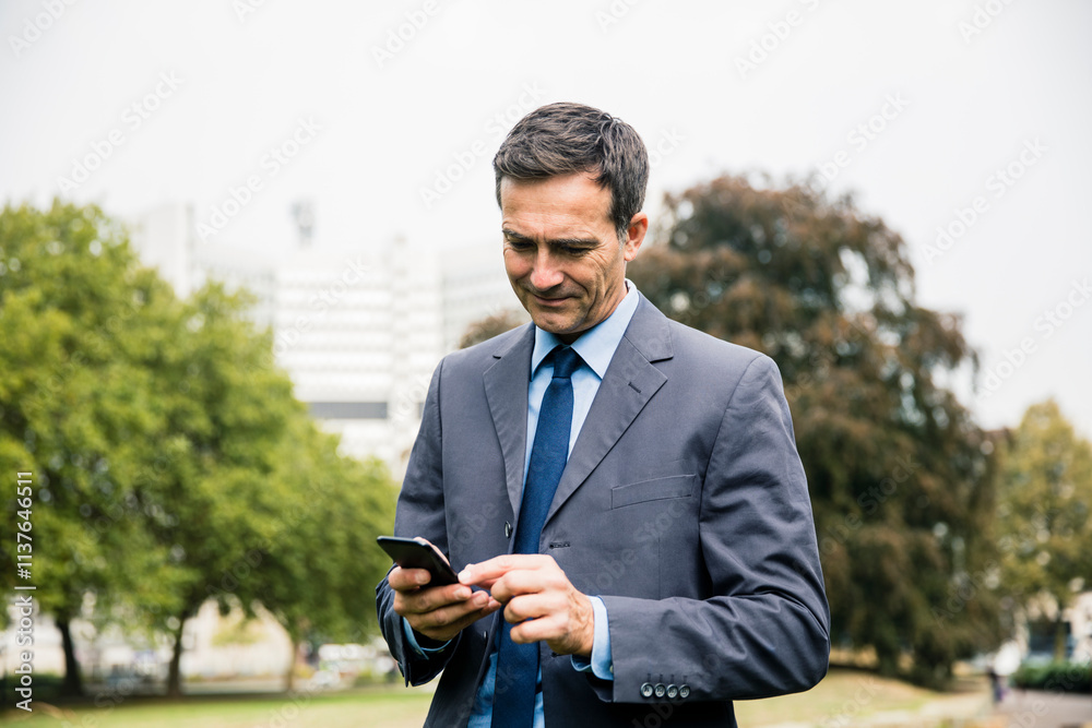Businessman using cell phone in city park