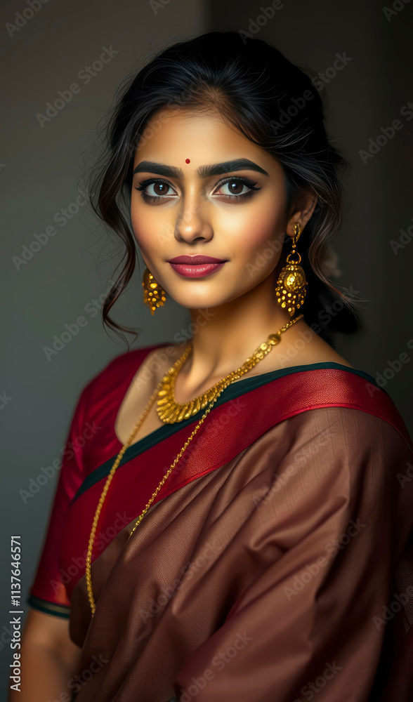 Charming Indian woman in a richly designed saree, styled with exquisite jewelry, showcasing beauty, elegance, and cultural heritage with a confident and radiant pose. Charming Indian woman in a richly designed saree, styled with exquisite jewelry, showcasing beauty, elegance, and cultural heritage with a confident and radiant pose.