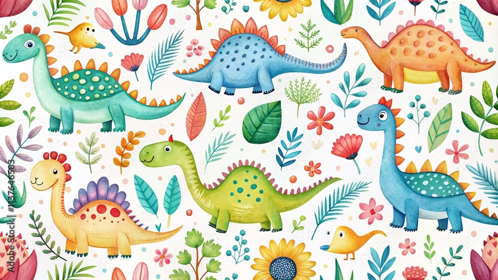 Scandinavian Dinosaur Baby Pattern: Watercolor Hand-Drawn Seamless Repeat for Kids Fabric Scandinavian Dinosaur Baby Pattern: Watercolor Hand-Drawn Seamless Repeat for Kids Fabric