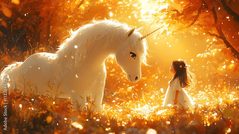A detailed cartoon-style drawing of a unicorn and a young girl sharing a magical moment in a fairy-tale forest, with soft, pastel colors and a dreamlike, whimsical setting.