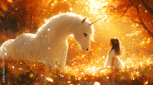Obraz na płótnie A detailed cartoon-style drawing of a unicorn and a young girl sharing a magical moment in a fairy-tale forest, with soft, pastel colors and a dreamlike, whimsical setting. w salonie